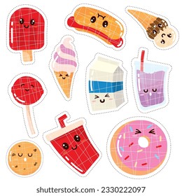 Set of colored cute food emoji icons Vector
