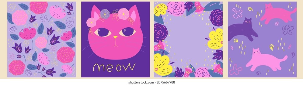 Set of colored cute greeting cards with funny cats and flowers. Vector. Purple, pink, yellow
