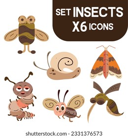 Juego de caracteres de dibujo de insectos lindos de color Vector