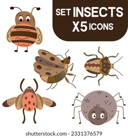 Set of colored cute insect sketch characters Vector