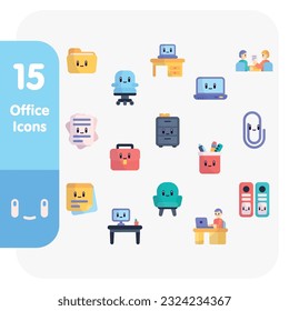 Set of colored cute office icons Vector illustration