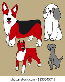 Set of colored cute puppies/ dogs isolated on beige background. Corgi, poodle, boxer, hunting dog. Perfect for printing on clothes or other textiles. Wall art. Wall design for kids. 