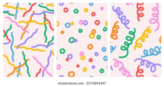 Set of colored cute seamless patterns of grunge long chaotic wavy stripes, confetti, polka dots on a light background, hand draw flat style, dry brush stroke. Vector happy birthday seamless patterns.