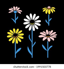 Conjunto de margaritas de colores sobre fondo negro. Ilustración vectorial de camomila. Elementos planos florales para el diseño de patrones