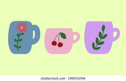 Set of colored decorated cups. Minimalist doodle style. Beautiful hand drawn vector illustration. Simple crockery for drinking. Cute mugs with design elements