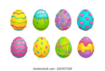 Set of colored and decorated eggs in cartoon style. Traditional Easter holyday egg symbol with stripes, dots and patterns. Isolated colorful vecor icons on white background.