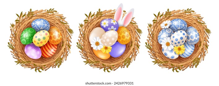 Set of colored and decorated with various patterns Easter eggs in the nest with rabbit ears and spring flowers daisy. Isolated on white background. Vector illustration