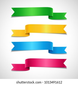Set of colored decorative arrow ribbons. Green, yellow, blue, red banners, vector illustration