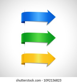 Set of colored decorative arrows. Yellow, green and blue banners, labels, vector illustration