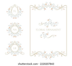 Set of colored decorative elements. Floral monograms, frame and borders. Graphic design pages.