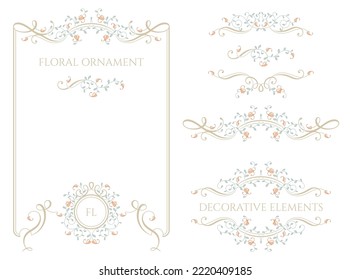 Set of colored decorative elements. Floral monogram, frame and borders.