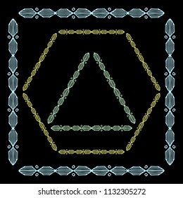 Set of colored decorative ornamental border with corner. Triangular, quadrangular, hexagonal frames. Black background. For children, women, wedding holiday