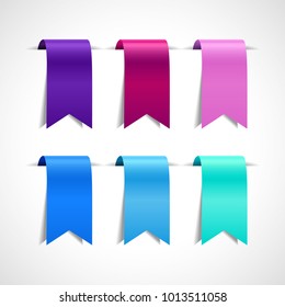 Set of colored decorative ribbons, labels, flags or bookmarks. Purple, crimson, pink, blue and bluish, azure tags, vector illustration