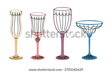 set of colored decorative wine glasses with vintage-style legs, including champagne glasses, coupe glasses, soft pastel colors with black line art. For weddings, party invitations, kitchen decor