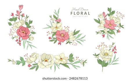 Set of colored detailed boutonniere and various flowers decoration. Luxury vintage floral collection for wedding invitation, wallpaper art or save the date card. Botanical vector