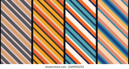 Conjunto de rayas diagonales de color. Rayas diagonales de un patrón ininterrumpido y sin costuras. Para aplicación en superficies, detalles interiores, textiles, cuadernos, almohadas, papel tapiz. Conjunto de diagonales.