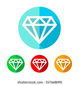 Set of colored diamond icons. White diamond with long shadow. Vector illustration. Diamond on the round button.