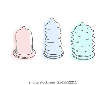 A set of colored different condoms hand-drawn in the style of a comic strip, doodle isolated on a white background, vector. Decorative element, a contraceptive icon for the cover, label, decoration