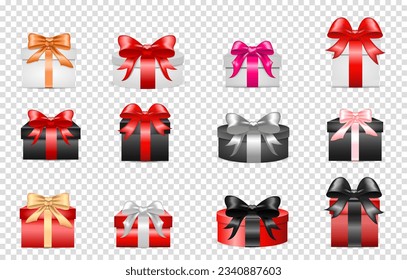 Set of colored different gift cardboard boxes with bows and ribbons. For valentines day, birthday, march 8, christmas and new year, for cards and black friday sales, for your design