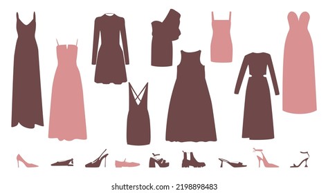 set of colored different shapes of women's dresses vector