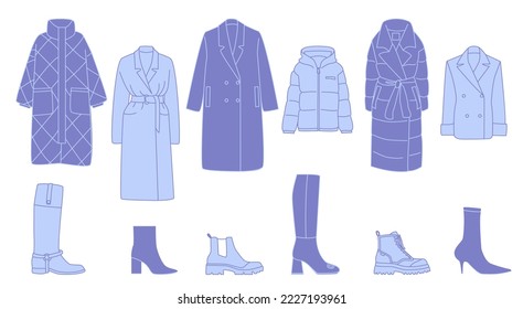 
Conjunto de colores diferentes de los abrigos y zapatos de las mujeres. Ilustración del vector