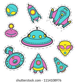 Set of colored different spaceships, extraterrestrial, alien stickers. collection of cosmic objects