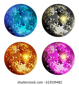 Set of colored disco ball isolated on white background. Colorful disco mirror ball isolated. Design element for party flyer, poster or brochures. Vector illustration.