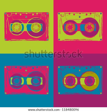 Set of colored disco cassettes with grungy contours. Vector image.