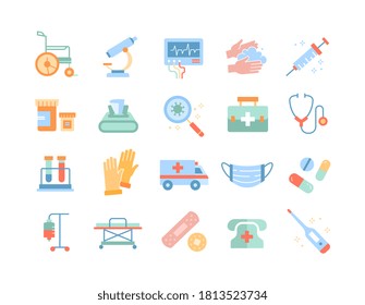 Set of colored disease icons medical accessories, lab equipment, wheelchair and ambulance, vector illustration