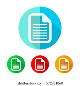 Set of colored document icons. White document with long shadow. Vector illustration. Document icon on a the round button.