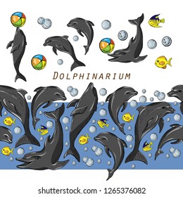Set of colored dolphins and fish isolated on white background and seamless brush with them, vector illustration