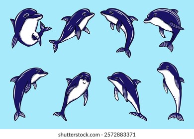 set of colored dolphins, hand drawn in cartoon style.