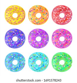 set of  colored donuts. Children's drawing with colored watercolor pencils. Vector illustration