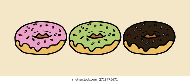 Conjunto de rosquillas de colores, estilo de boceto con colores rosa, cokelat, matcha