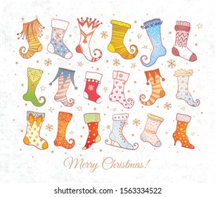 Set of colored doodle christmas gift socks on textured white paper background.