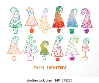 Set of colored doodle christmas trees on white background