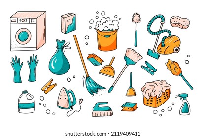 Set of colored doodle elements. Cleaning service collection of icons in hand drawn style. Vector illustration
