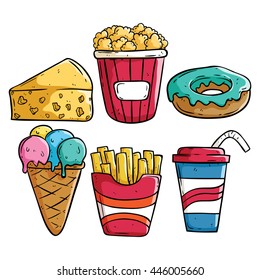 Set of colored doodle fast food
