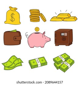 A set of colored doodle icons with money, coins, bills, bundles of banknotes, a piggy bank, cash, a wallet. Business, bank, money symbols. Hand-drawn color vector illustration. Isolated on white.