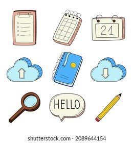A set of colored doodle icons with a notepad, notebook, calendar, pencil, magnifying glass, cloud. Business symbols. Hand-drawn colorful vector illustration. Isolated on a white background