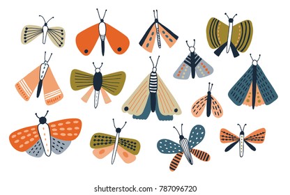 Set of colored doodle moths isolated on white background. Cute butterflies hand drawn collection. Colorful vector illustration.