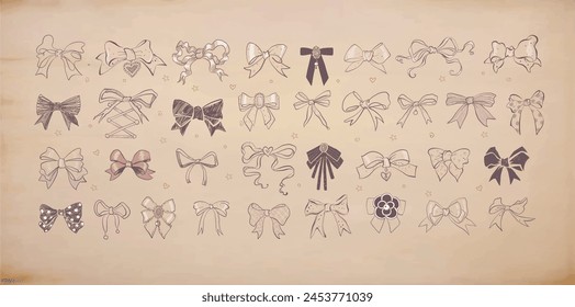 Set of colored doodle ribbon bow ties with various patterns on vintage background. Girl style doodle illustration