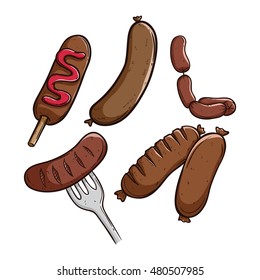 set of colored doodle sausage on white background