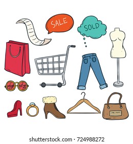 set of colored doodle shopping time with women cloth and accessories