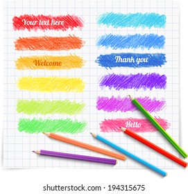 Set of colored doodle sketch banners. Hand-drawn with crayons. Vector illustration. 