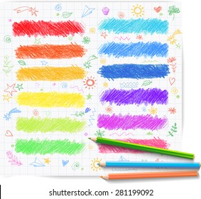 Set of colored doodle sketch banners. Hand-drawn with crayons. Vector illustration.
