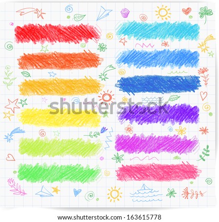 Set of colored doodle sketch banners. Hand-drawn with crayons. Vector illustration.