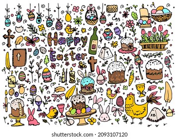 A set of colored doodles for Easter. A hand-drawn collection for the spring Easter holiday, in cartoon style, food and animal symbols of bright Easter for a festive template