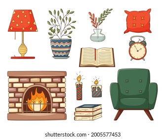 A set of colored doodles. Home furnishings, armchair, books, pillow, fireplace, vase, houseplant, alarm clock, candles. Decorative elements with stroke and fill. Vector illustration isolated on white.