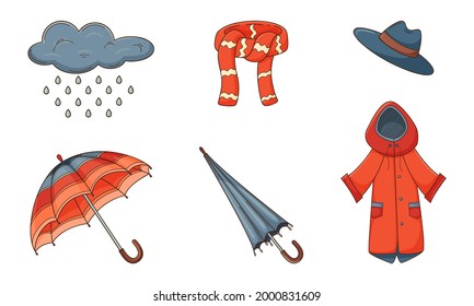 Un conjunto de doodles de colores. Ropa exterior, impermeable, paraguas, bufanda, sombrero, nube, lluvia. Elementos decorativos de otoño con contorno y relleno. Ilustración del vector de color aislada en un fondo blanco.